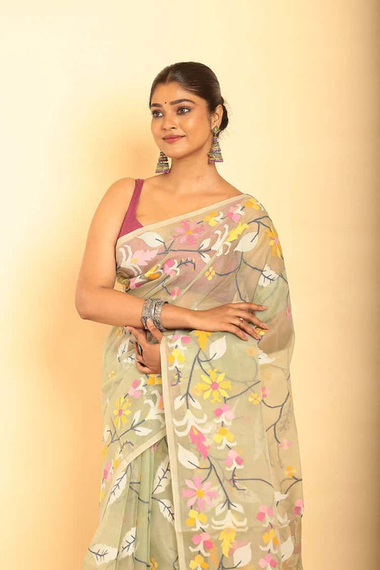 Hand Made Muslin Jamdani Saree in Pale Yellow - 058