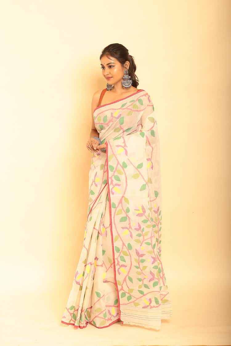 Muslin Jamdani in Cream White Saree-059