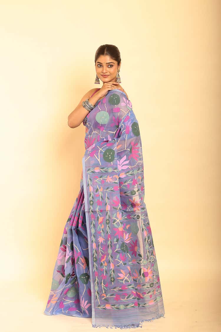 Hand Made Muslin Jamdani Saree With Sky Blue - 061