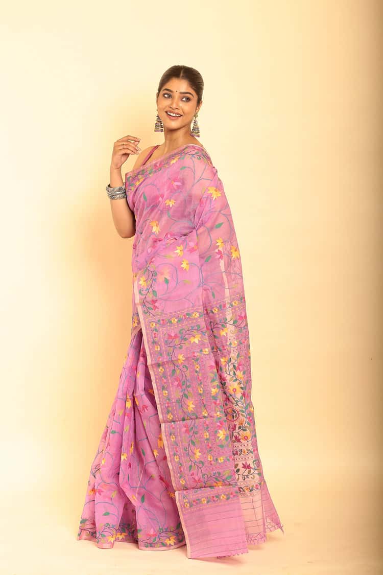 Handwoven Pure Jamdani Muslin Saree  |  Baby Pink