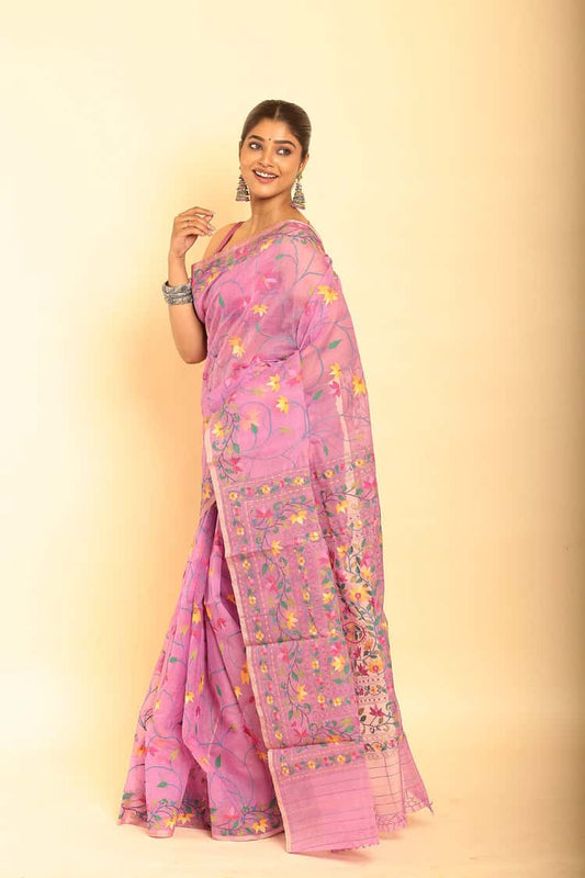 Handwoven Pure Jamdani Muslin Saree  |  Baby Pink