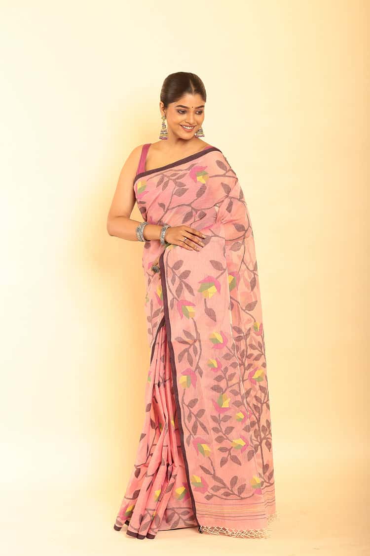 Hand Made Muslin Jamdani Saree With Baby Pink - 065