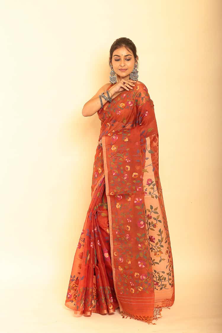 Handwoven Pure Jamdani Muslin Saree  |  Brick Red
