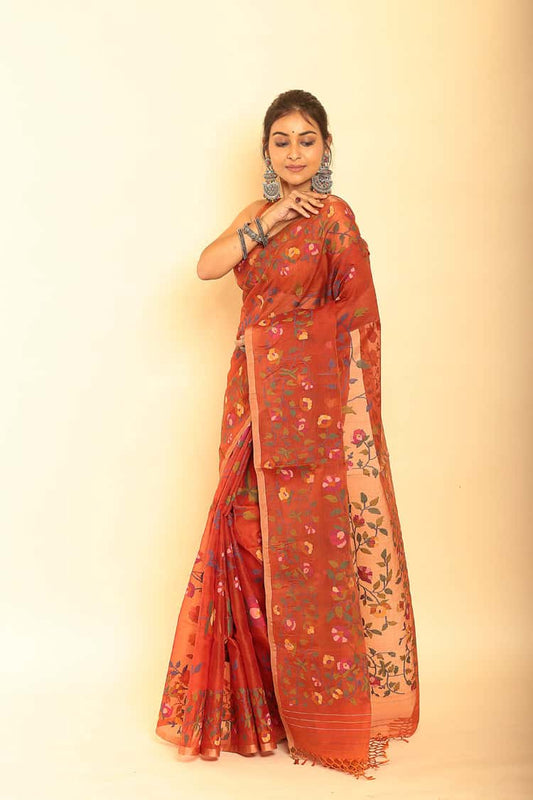 Handwoven Pure Jamdani Muslin Saree  |  Brick Red