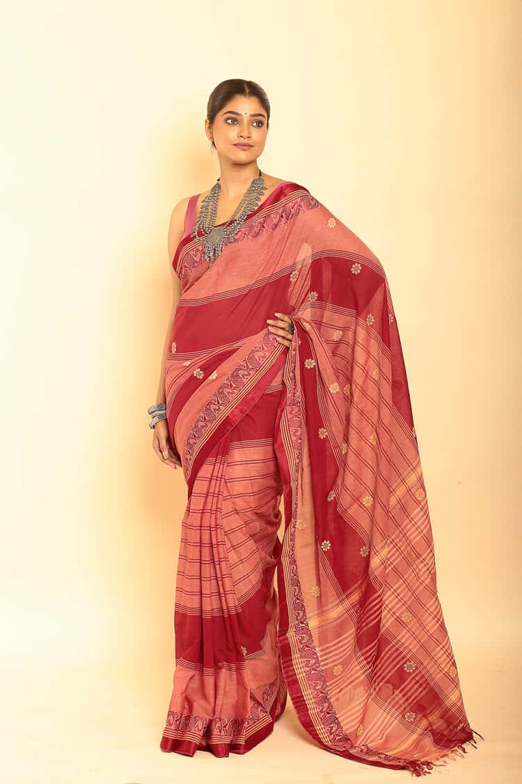Cherry Red Handloom Cotton Saree-033 - indeloom