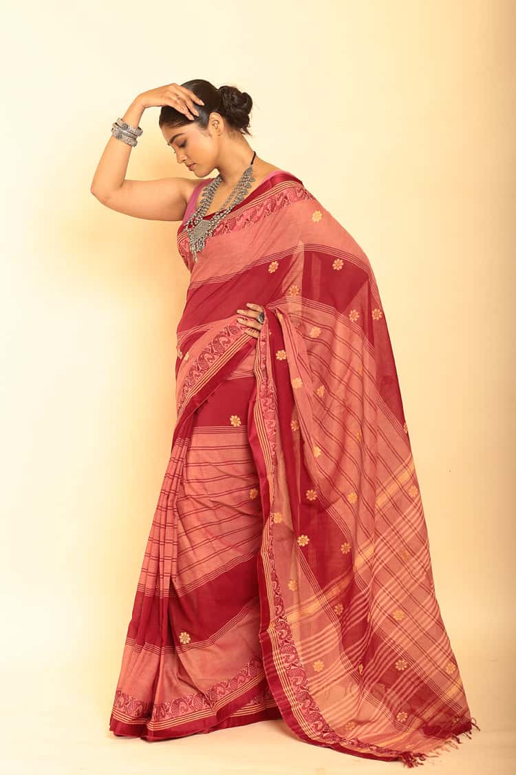 Cherry Red Handloom Cotton Saree-033 - indeloom