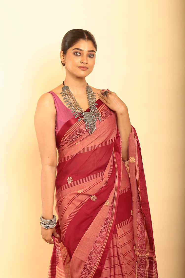 Cherry Red Handloom Cotton Saree-033 - indeloom