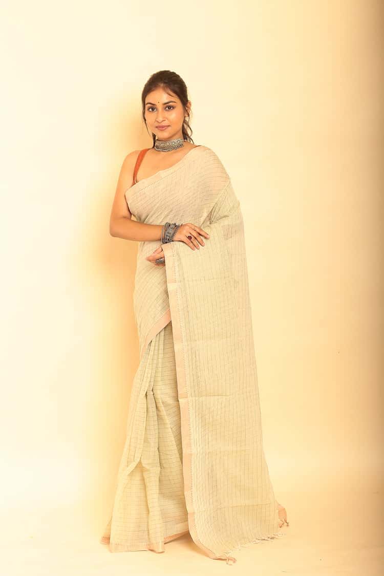 Cream White Handloom Cotton Saree-007 - indeloom