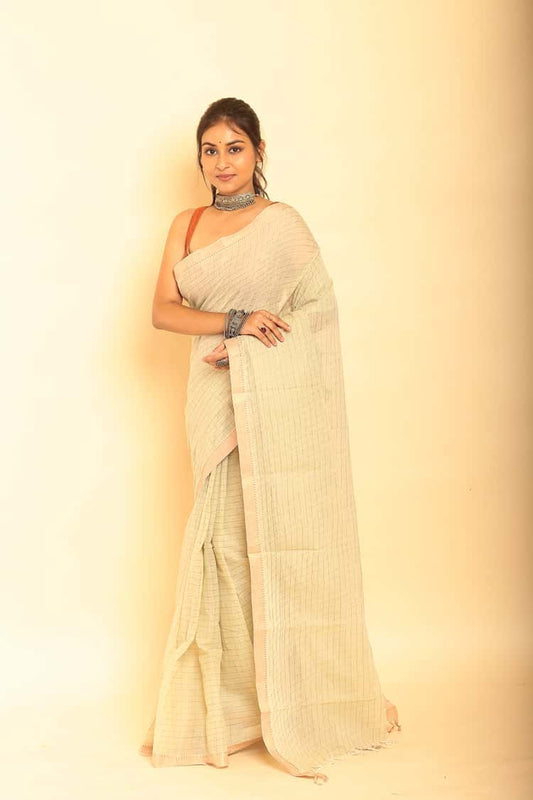 Cream White Handloom Cotton Saree-007 - indeloom