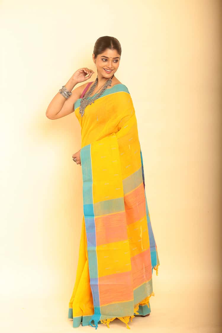 Yellow  and Blue Border Handloom Cotton Saree-072