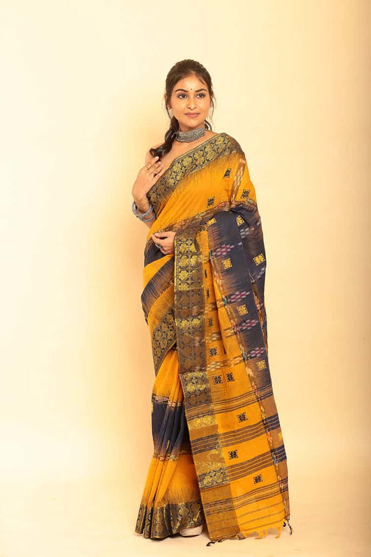 Handloom Cotton Saree With Golden Yellow and Black -073
