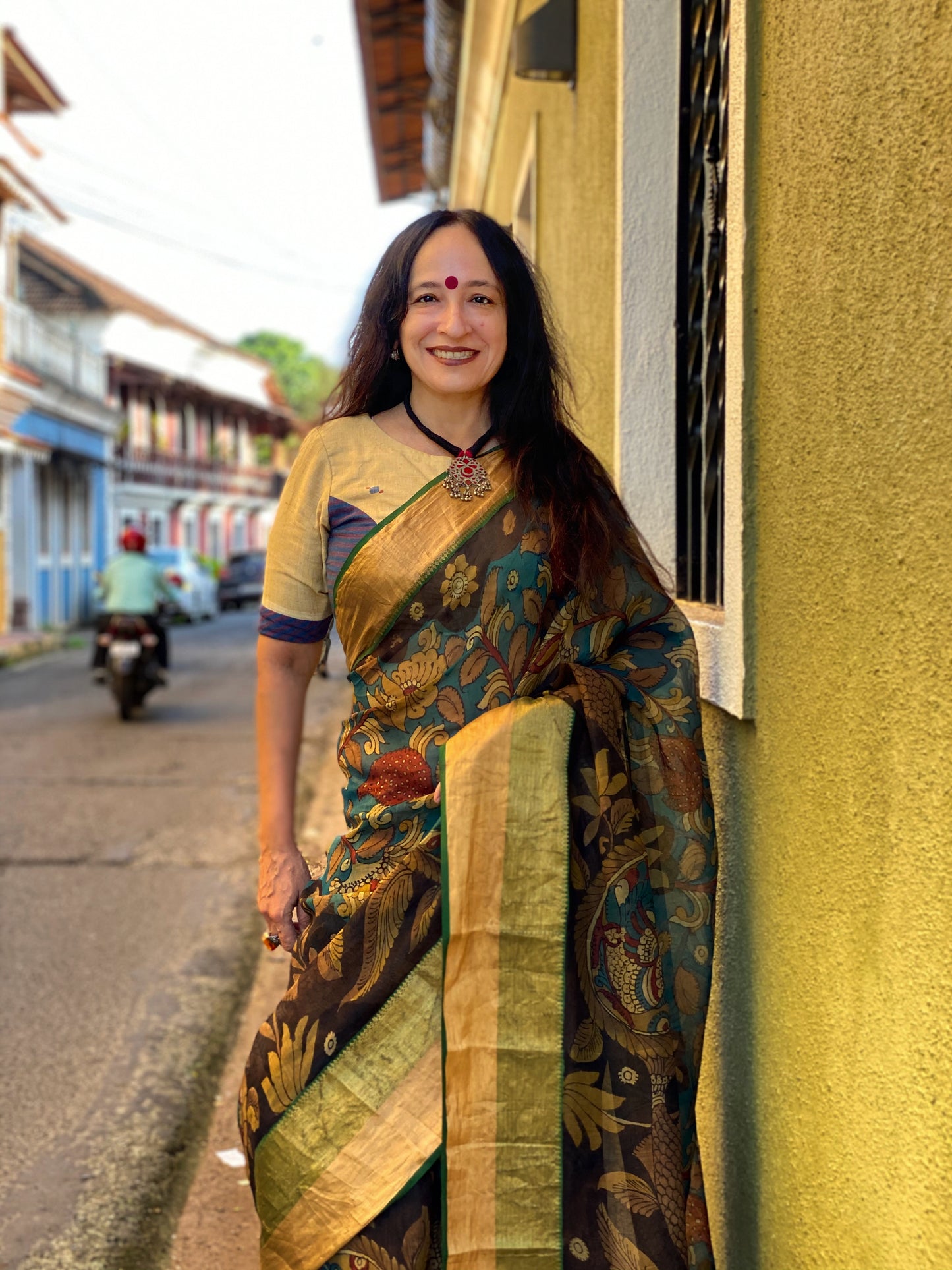 Teal Green Chanderi Silk Floral Kalamkari Saree - 021