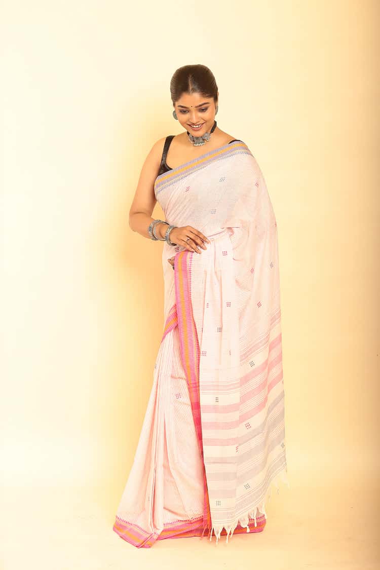 White and Pink Border Handloom Cotton Saree-090