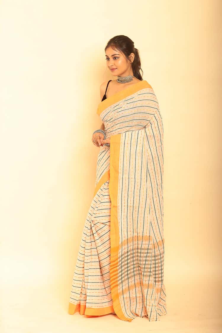 Brown and Yellow Border Handloom Cotton Saree-030 - indeloom