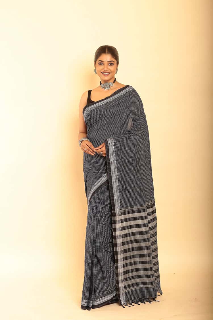 Black and White Border Handloom Cotton Saree-019 - indeloom