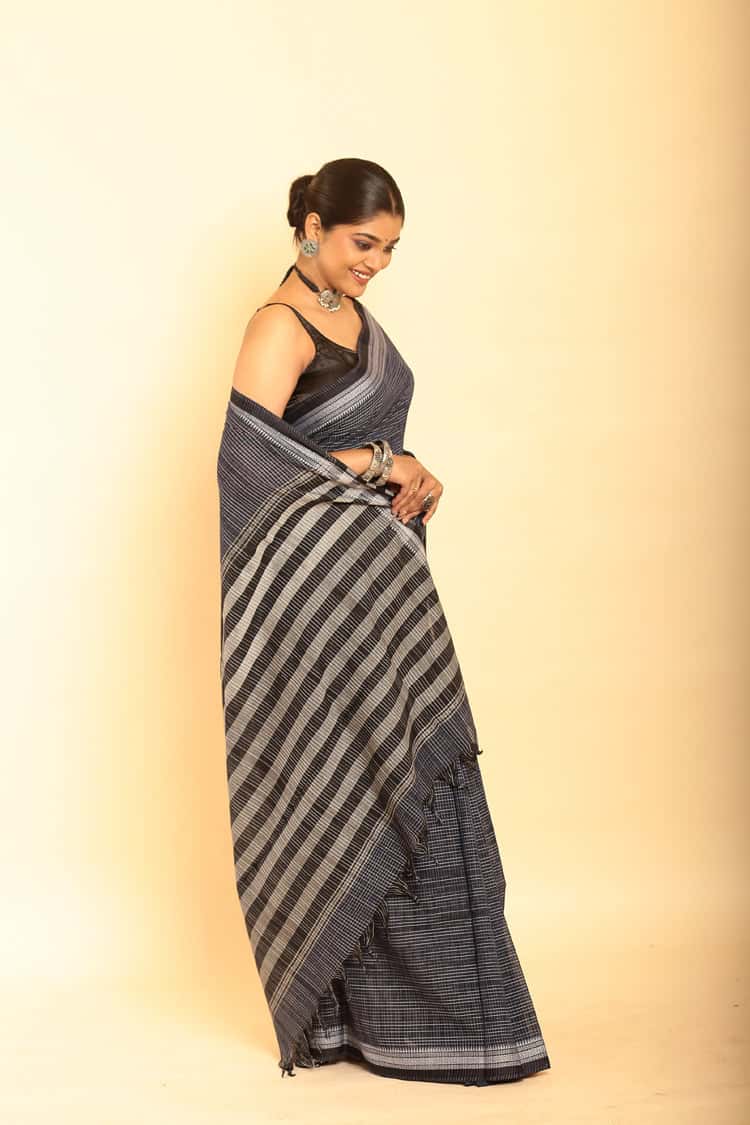 Black and White Border Handloom Cotton Saree-019 - indeloom