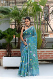 Olympic Blue Hand Made Muslin Jamdani Saree - 071
