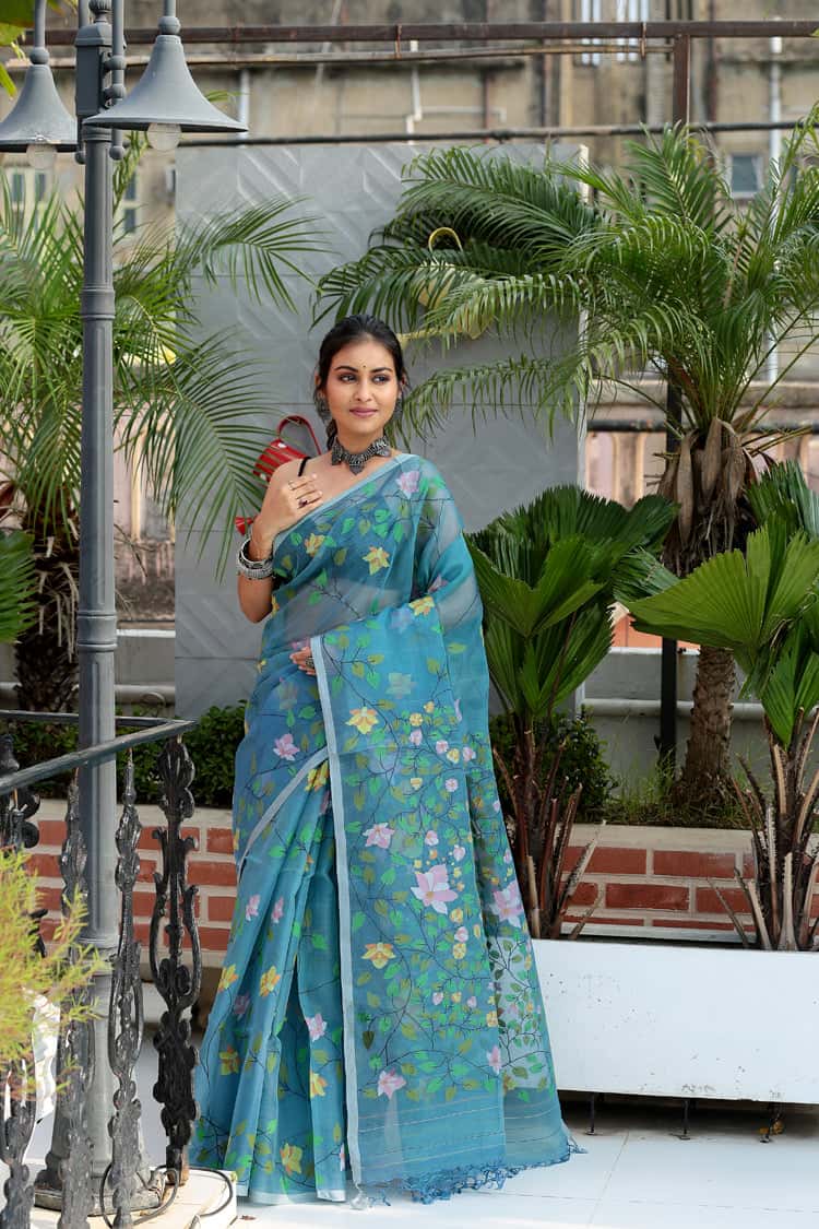 Olympic Blue Hand Made Muslin Jamdani Saree - 071
