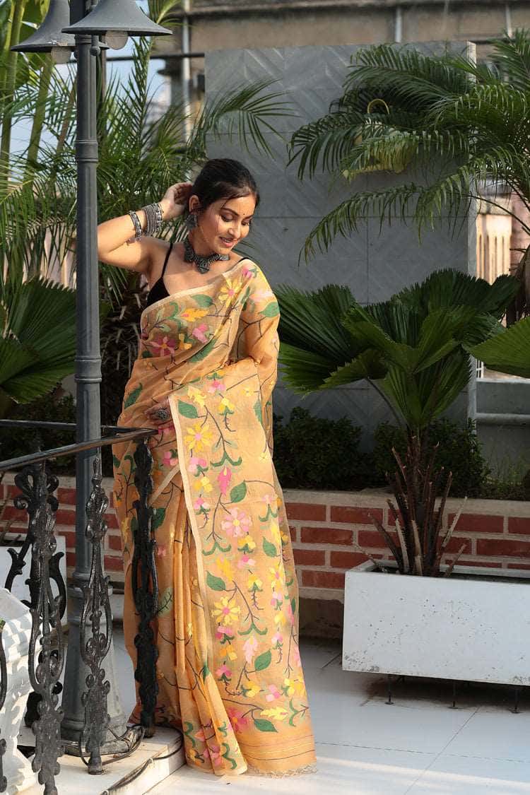 Brown Muslin Jamdani Saree -072 - indeloom