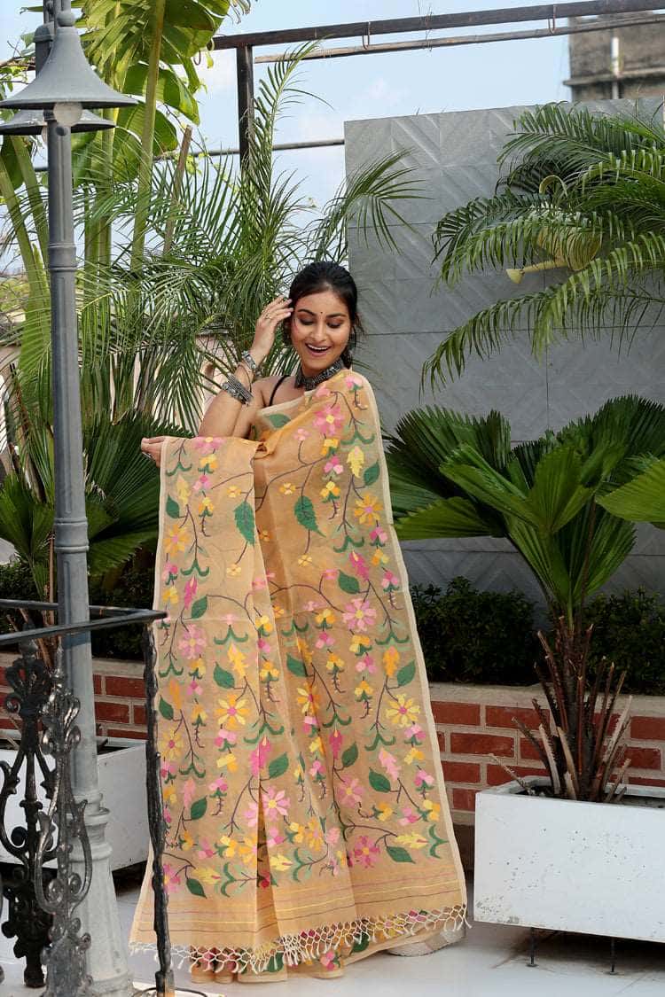 Brown Muslin Jamdani Saree -072 - indeloom