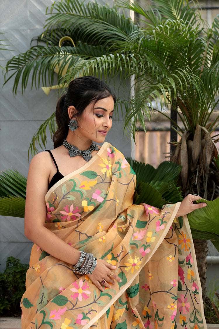 Brown Muslin Jamdani Saree -072 - indeloom