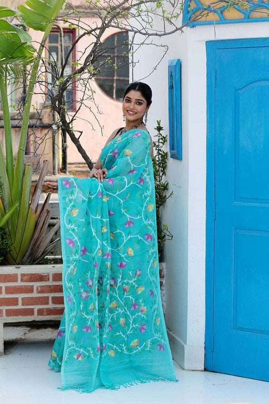 Handwoven Pure Jamdani Muslin Saree  |  Turquoise Teal