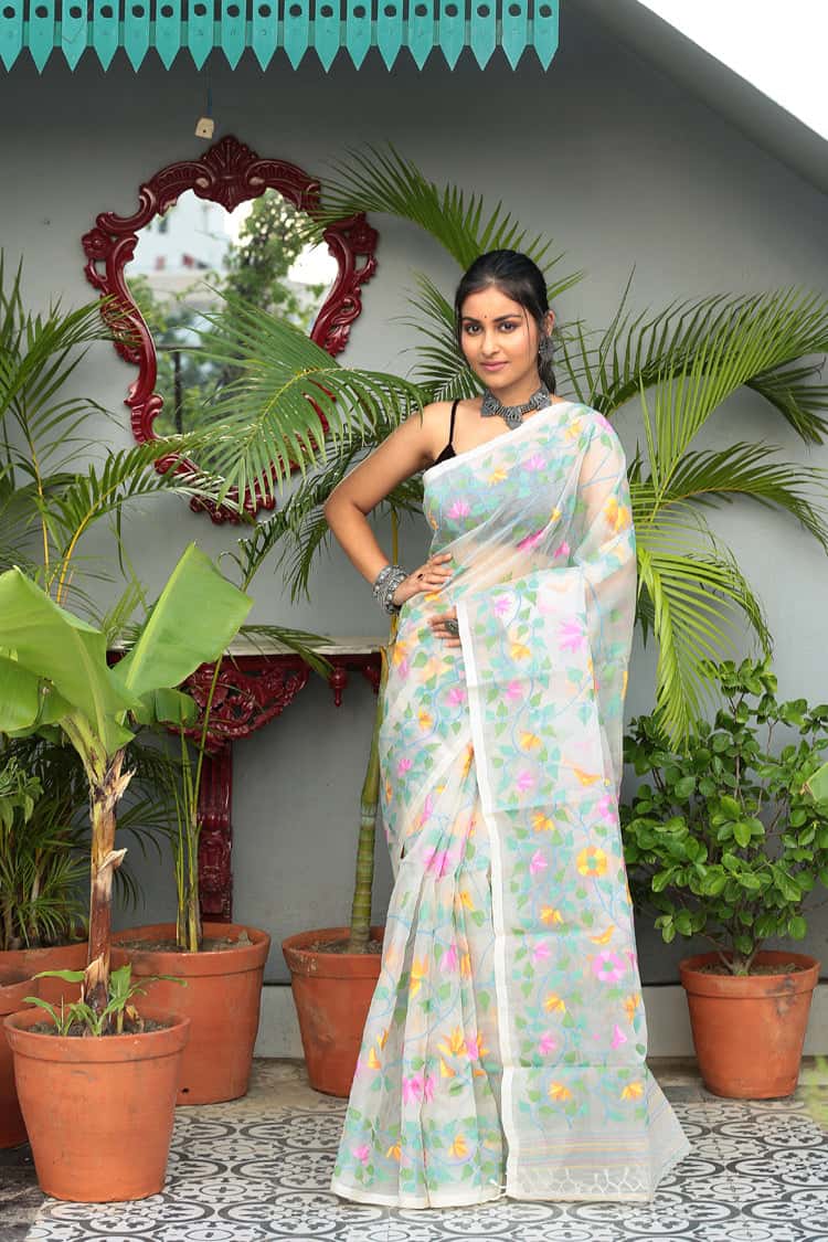 Mint Green Hand Made Muslin Jamdani Saree - 077