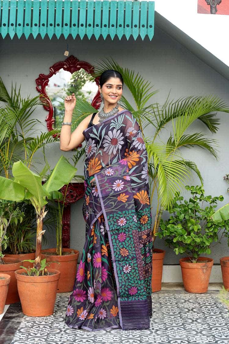 Black and Multicolor Flowers Muslin Jamdani Saree-078 - indeloom