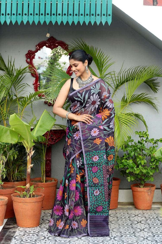 Handwoven Pure Jamdani Muslin Saree  |  Midnight Black