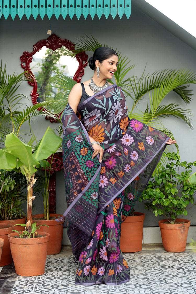 Black and Multicolor Flowers Muslin Jamdani Saree-078 - indeloom