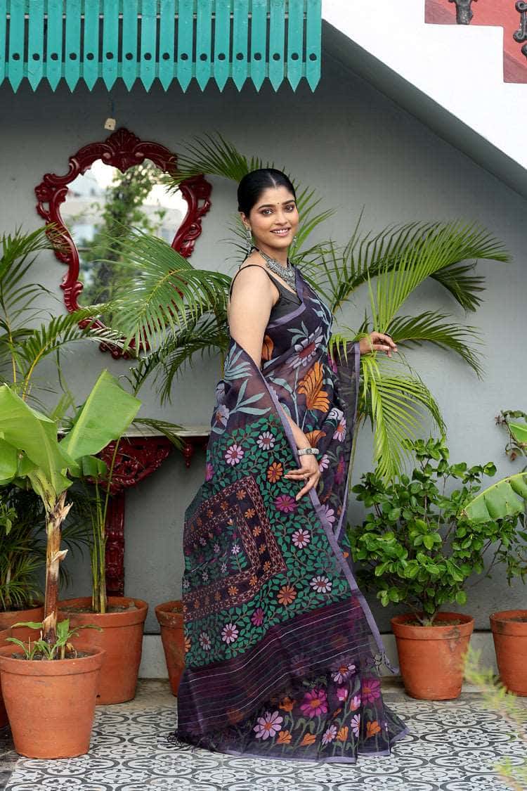 Black and Multicolor Flowers Muslin Jamdani Saree-078 - indeloom