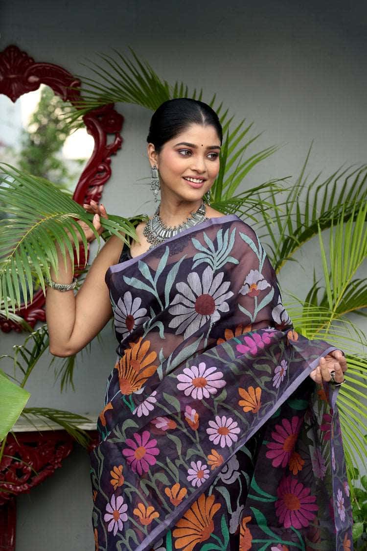 Black and Multicolor Flowers Muslin Jamdani Saree-078 - indeloom
