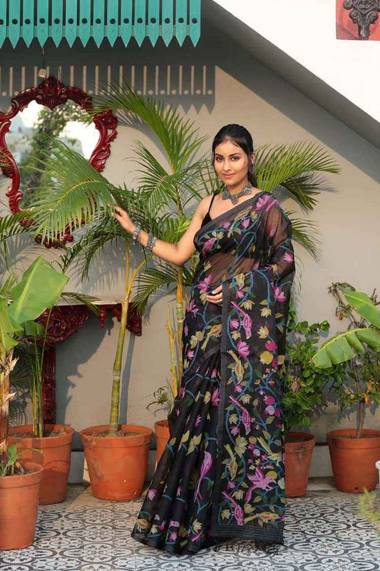 Handwoven Pure Jamdani Muslin Saree  |  Midnight Black