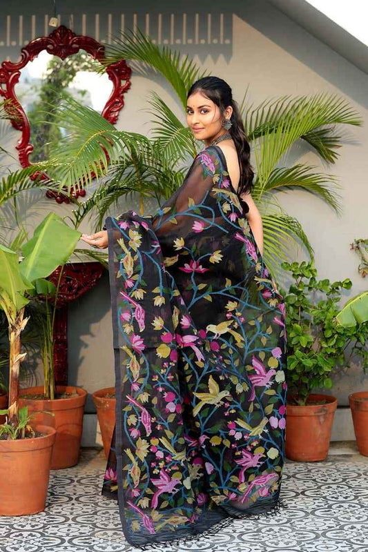 Handwoven Pure Jamdani Muslin Saree  |  Midnight Black