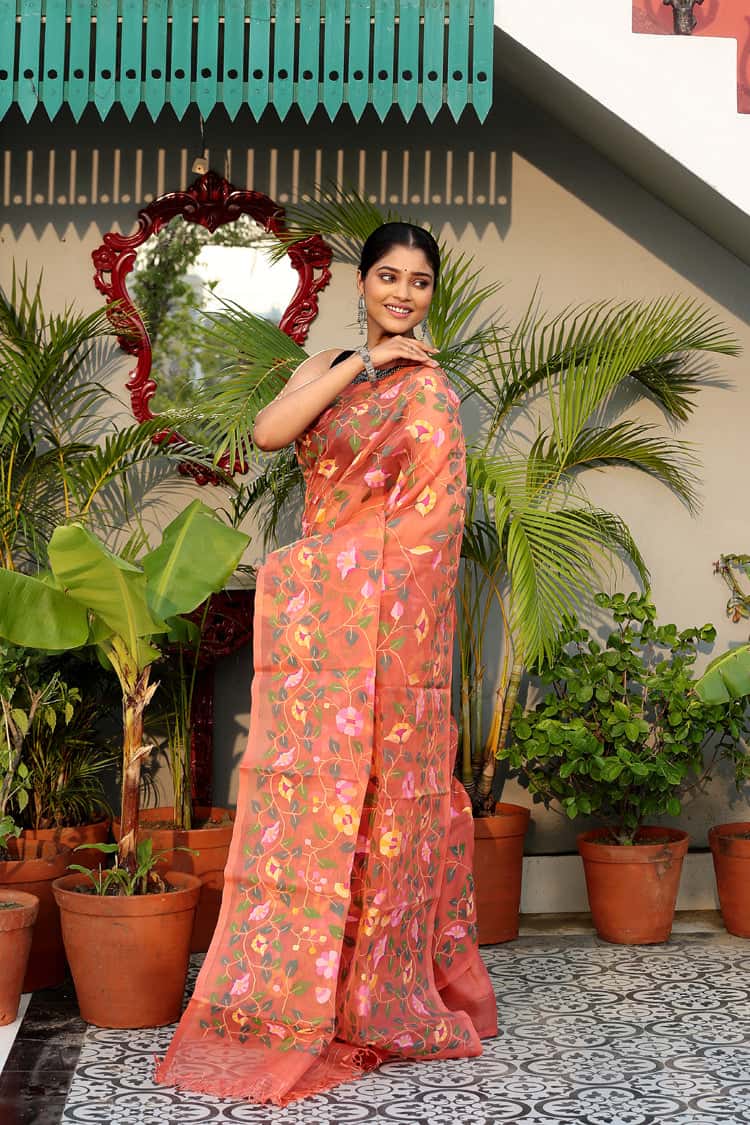 Hand Made Muslin Jamdani Saree Coral Orange - 079