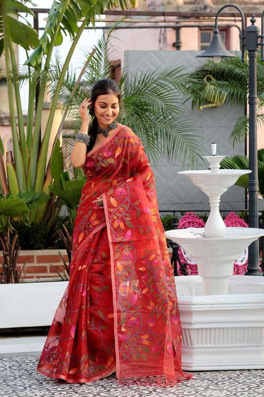 Handwoven Pure Jamdani Muslin Saree  |  Brick Red