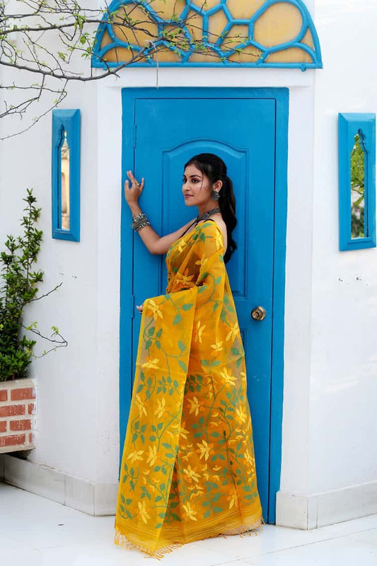 Cyber Yellow Muslin Jamdani Saree-083 - indeloom