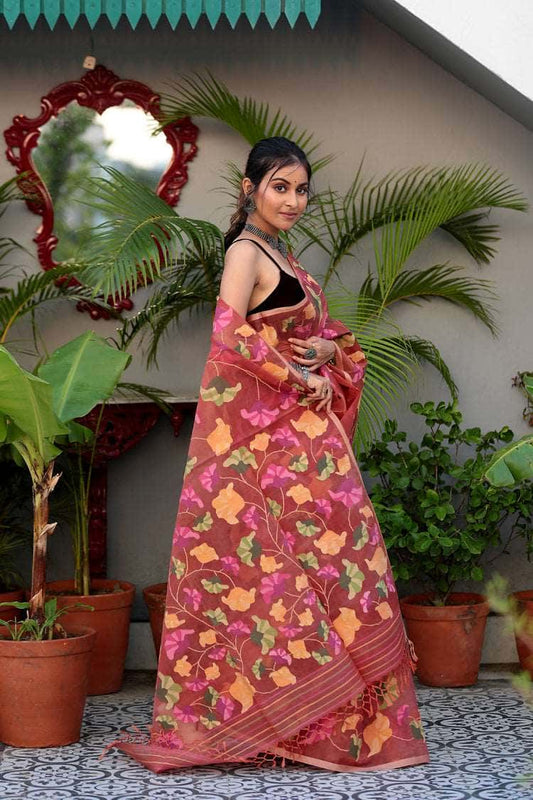 Candy Red Muslin Jamdani Saree-087 - indeloom