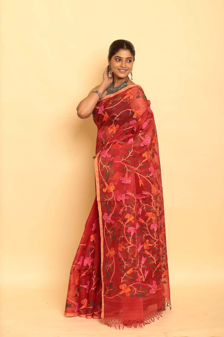 Hand Made Muslin Jamdani Saree With Ruby Red - 088