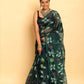 Blue and Green Leafs Muslin Jamdani Saree-089 - indeloom