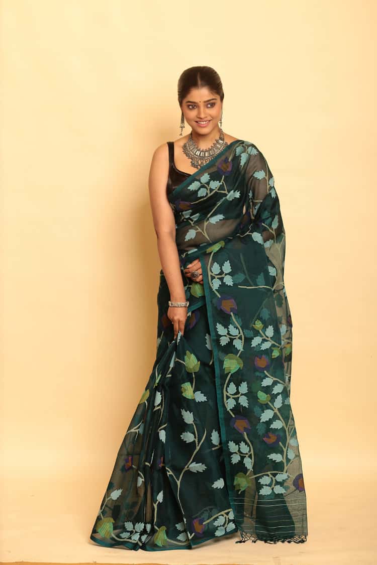 Blue and Green Leafs Muslin Jamdani Saree-089 - indeloom