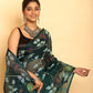 Blue and Green Leafs Muslin Jamdani Saree-089 - indeloom
