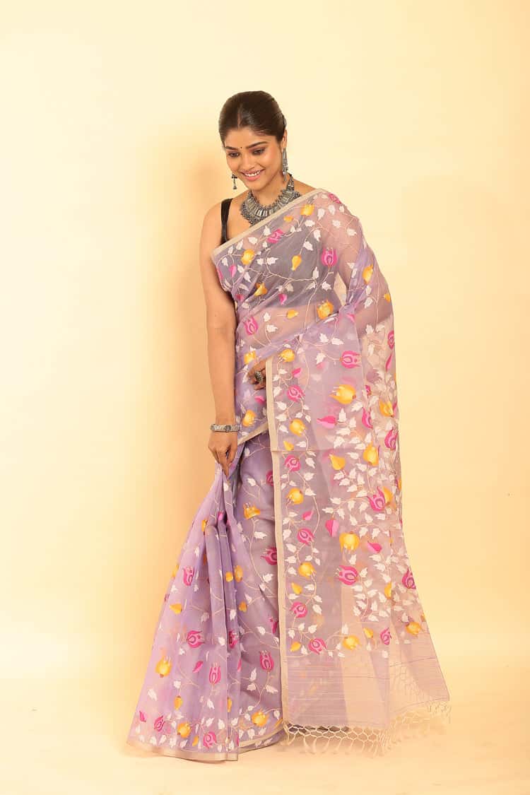 White and Yellow Leafs Muslin Jamdani Saree-090