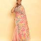 Blue and Pink Leafs Muslin Jamdani Saree-091 - indeloom
