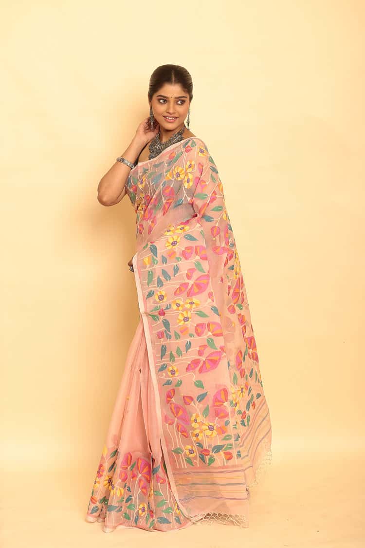 Blue and Pink Leafs Muslin Jamdani Saree-091 - indeloom
