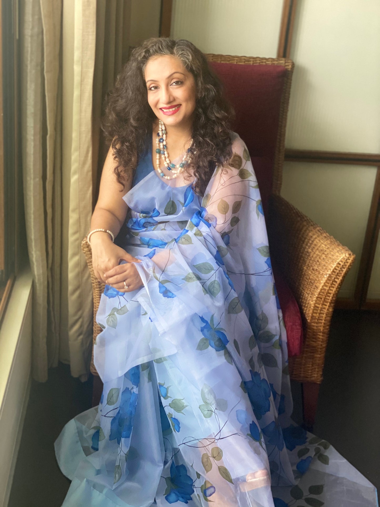 Blue Colour Florals on Organza Hand-painted Saree-008