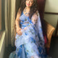 Blue Colour Florals on Organza Hand-painted Saree-008