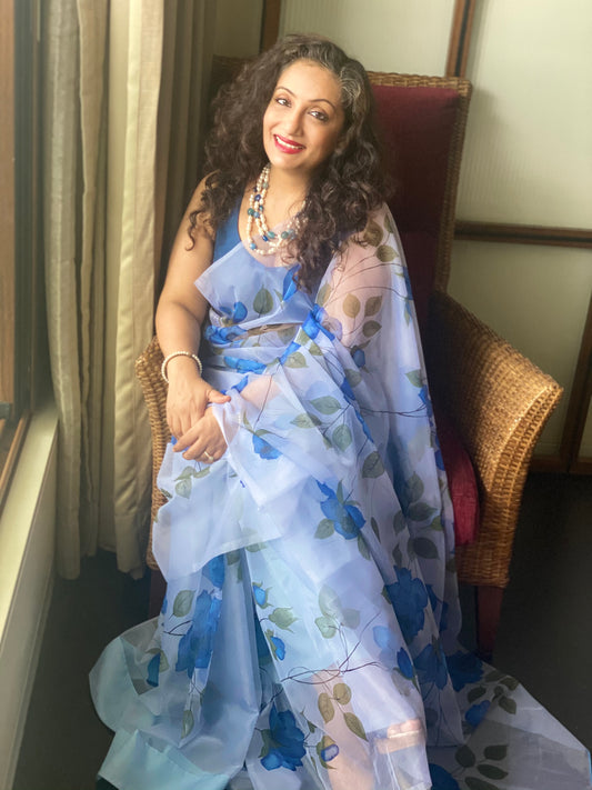 Blue Colour Florals on Organza Hand-painted Saree-008