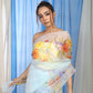 Yellow Orange Floral Garden Pastel Blue Shade-Organza Hand-painted Sari-046