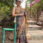 Traditional Handpainted Pen Kalamkari Tussar Silk Saree  |  Peach Orange
